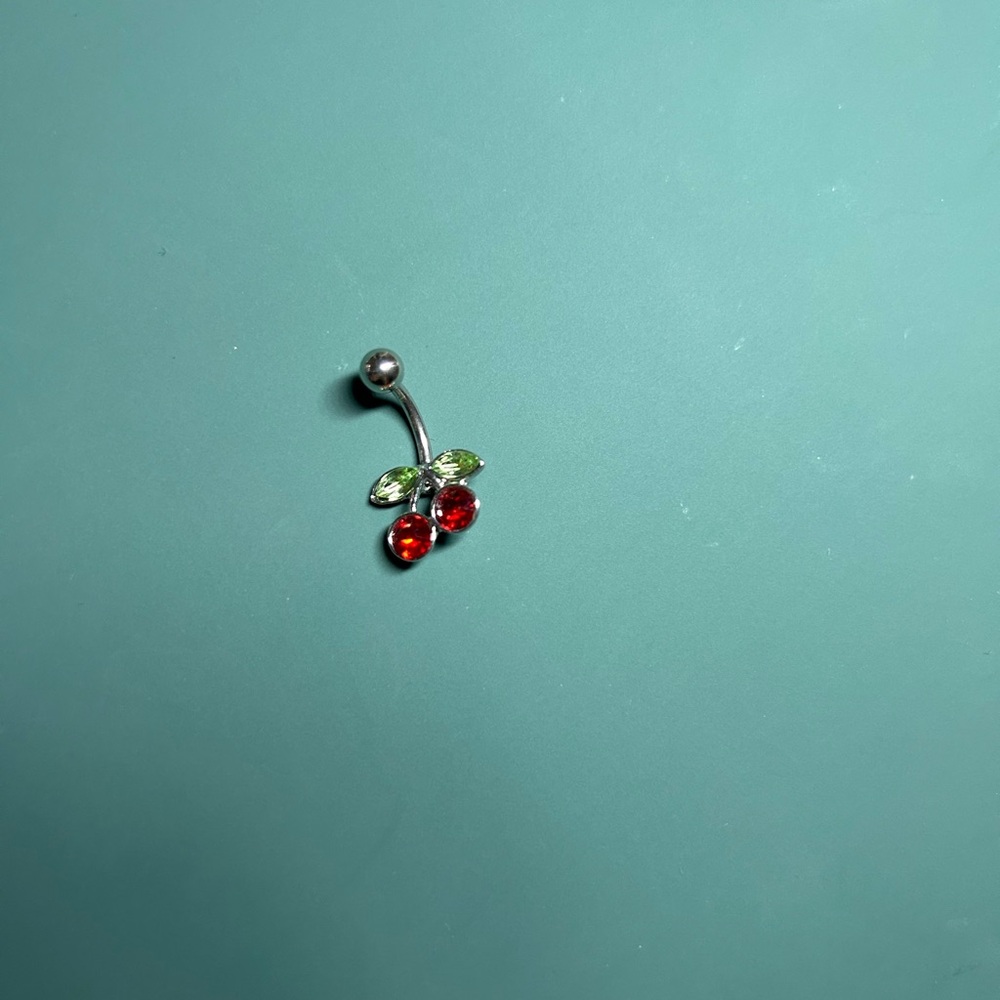 Cherry Belly Button Ring with Red and Green Crystals